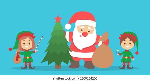 Santa Claus standing with bag full of gift boxes and little elf helpers. Christmas tree for holiday celebration. Flat vector illustration