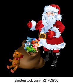 Santa Claus standing with a bag full of gifts and toys. Vector Illustration.