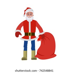 Santa Claus standing with a bag of gifts. Vector illustration isolated on white background