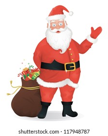 Santa Claus standing with a bag of presents and waving