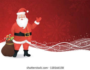 Santa Claus standing with a bag of presents and waving on a red background.