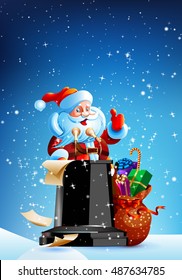 Santa Claus standing behind a podium and says congratulatory speech. At the rostrum should sack with gifts. On the microphones and paper. Snow, sky, stars. Vector. Illustration. Image.
