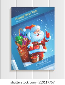 Santa Claus standing behind a podium and says congratulatory speech. At the rostrum should sack with gifts. On the microphones and paper. Snow, sky, stars. Vector. Illustration. Image.