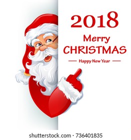 Santa Claus standing behind a sign and showing on white placard. Happy smiling cartoon character. Merry Christmas and Happy New Year vector illustration
