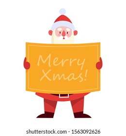 Santa Claus standing with a big Merry Christmas banner in his hands. Cute holiday season cartoon illustration. Christmas and New Year celebration.