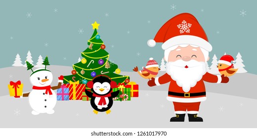 Santa Claus is standing at the Christmas tree and holding birds in his hands. Cute snowman and penguin with a gift on winter background. Winter holidays, cartoon style, vector.