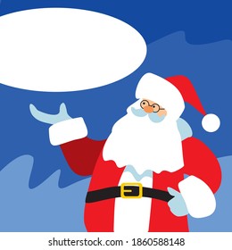 Santa Claus is standing with a conversation bubble above him. Illustration in cartoon flat style. Christmas.