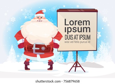 Santa Claus Standing With Empty Flip Chart For Copy Space Over White Winter Forest Background Vector Illustration