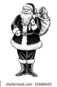 Santa Claus, standing figure with sack full of presents. Vector vintage illustration. Line art, engraving texture.