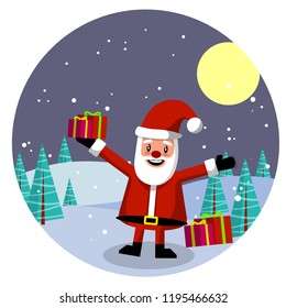 Santa Claus is standing in the forest among the trees with a bunch of colored boxes with gifts. Grandfather in red clothes celebrates Christmas and new year. Character from a fairy tale.
