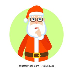 Santa Claus standing with his finger to his lips. Portrait of Cartoon Santa Claus Character. Vector illustration in a flat style.