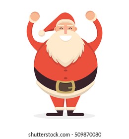 Santa Claus standing with his hands up. Cute cartoon cheerful and smiling Father Frost character raising arms. Flat style vector illustration