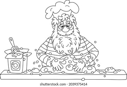 Santa Claus standing at his kitchen table and kneading dough to cook a tasty holiday pie for a festive treat, black and white outline vector cartoon illustration