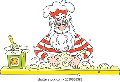 Santa Claus standing at his kitchen table and kneading white dough to cook a tasty holiday pie for a festive treat, vector cartoon illustration isolated on a white background