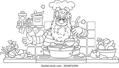 Santa Claus standing at his kitchen stove and cooking a tasty vegetable soup for a holiday supper, black and white outline vector cartoon illustration for a coloring book page