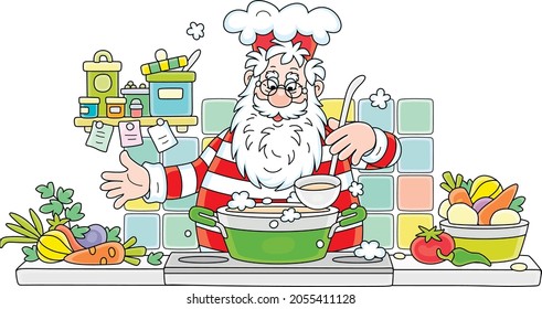 Santa Claus standing at his kitchen stove and cooking a tasty vegetable soup for a holiday supper, vector cartoon illustration isolated on a white background