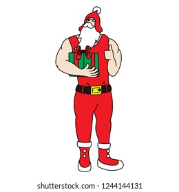 Santa Claus is standing and holding a gift box and raising his thumb,Santa Claus is a body builder,Vector,Illustration.