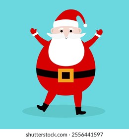 Santa Claus standing and holding hands up. Red hat, costume, round beard. Cute cartoon kawaii funny character. Merry Christmas. New Year. Childish style. Greeting card. Isolated Blue background Vector