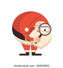 Santa Claus standing with magnifier. Cute cartoon cheerful and smiling Father Frost character. Looking through magnifying glass. Flat style vector illustration