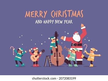 santa claus standing with mix race elves in uniform happy new year merry christmas holidays celebration concept