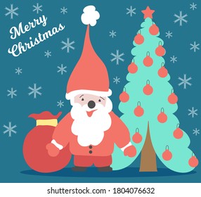 Santa Claus standing near Christmas tree with presents for Christmas. Vector illustration. Merry Christmas concept.