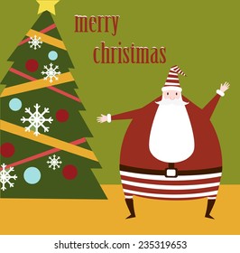 Santa Claus standing near Christmas tree with gifts illustration