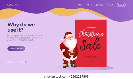 Santa Claus standing near Christmas Sale red banner. Landing page template design and sample text. Vector illustration can be used for sales, special offers and online shops