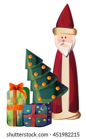 Santa Claus standing near Christmas tree with presents