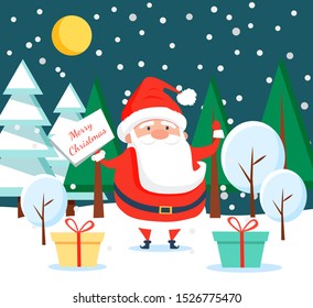 Santa Claus standing near colorful boxes with presents for children inside. Unreal character in forest at night, christmas eve. Man hold sign with greeting caption with holiday. Vector greeting card