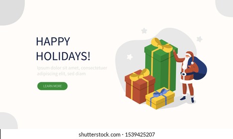 
Santa Claus standing near colorful  Gift Boxes and holding the Bag. Stack of Decorated Christmas Presents. New Year and Winter Holiday Celebration Concept. Flat Isometric Vector Illustration.