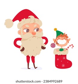 Santa Claus standing near funny elf sitting in stocking with Christmas candy gifts and sweets vector illustration. Cartoon fantasy characters, old man with beard, red hat and costume isolated on white