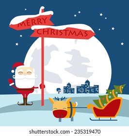 Santa Claus standing near a road sign with a deer and sleigh illustration