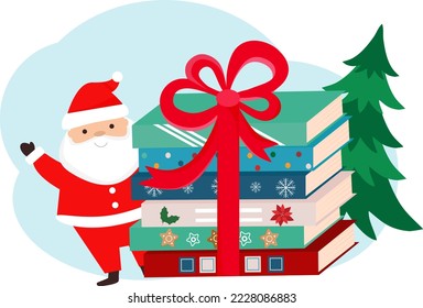 Santa Claus is standing near the stack of books. Christmas books. Book sale. Vector illustration for book shop, store, library. 