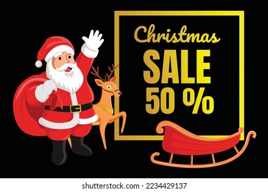 Papá Noel está de pie al lado del tablero, mostrando un gran cartel de venta de Feliz Navidad al 50 por ciento.