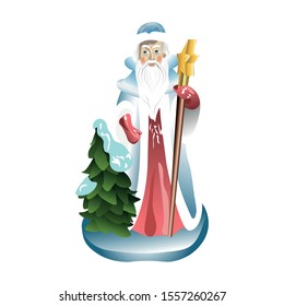 Santa Claus standing next to a green Christmas tree in the snow.