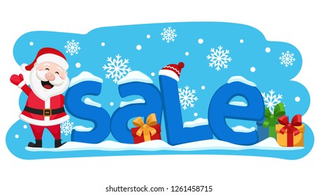 Santa Claus is standing next to the text of the sale and waving his hand.