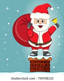 Santa claus standing on chimney christmas cartoon vector illustration