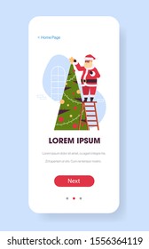 santa claus standing on ladder decorating fir tree merry christmas happy new year holiday concept smartphone screen online mobile app greeting card vertical vector illustration