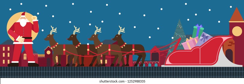Santa Claus standing on roof with reindeers and sleigh and gift box, Cartoon character, vector illustration in flat style