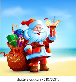 Santa Claus is standing on the sea shore at the beach. He holding a glass of cocktail. Behind bag with gifts worth. The sun is shining. New Year in the summer.