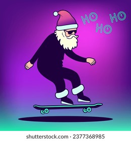 The Santa Claus standing on the skate board. Santa hipster in sunglasses on a red background. Santa Claus Riding Skateboard. Stylish Cool Christmas Character Father Noel Hurry. Cartoon Santa Claus 