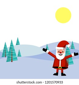 Santa Claus is standing on the snow in the forest with trees and waving his hands. Set of colored gray boxes with gifts. The old man in red wishes merry Christmas and happy new year
