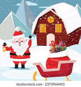 Santa Claus standing outdoor with a bell. Cabin, sleigh with a sack full of gifts, snowing. Christmas illustration. 