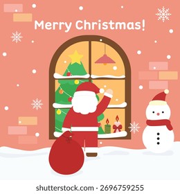 Santa Claus standing outside the window holding a gift