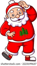 El santa claus está de pie y posa con la chaqueta de la ilustración