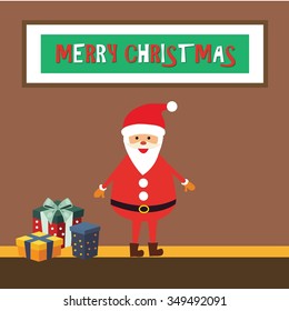 Santa Claus standing with presents in the brown room