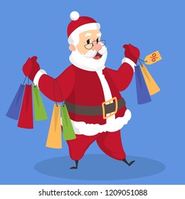 Santa Claus standing in red clothes with shopping bag. Buy christmas gift in shop on winter sale. Flat vector illustration