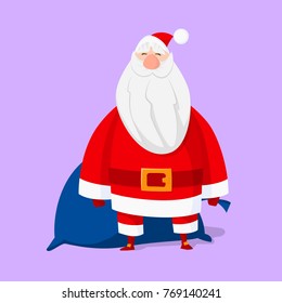 Santa Claus standing with a sack in his hand. A vector image drawn in flat style.