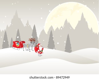 Santa Claus standing with sleigh loaded with presents in a distance on full moon background for Christmas & other occasions.