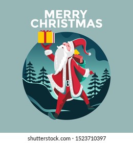 Santa Claus standing in the snow with a bag of gifts and showing thumb up